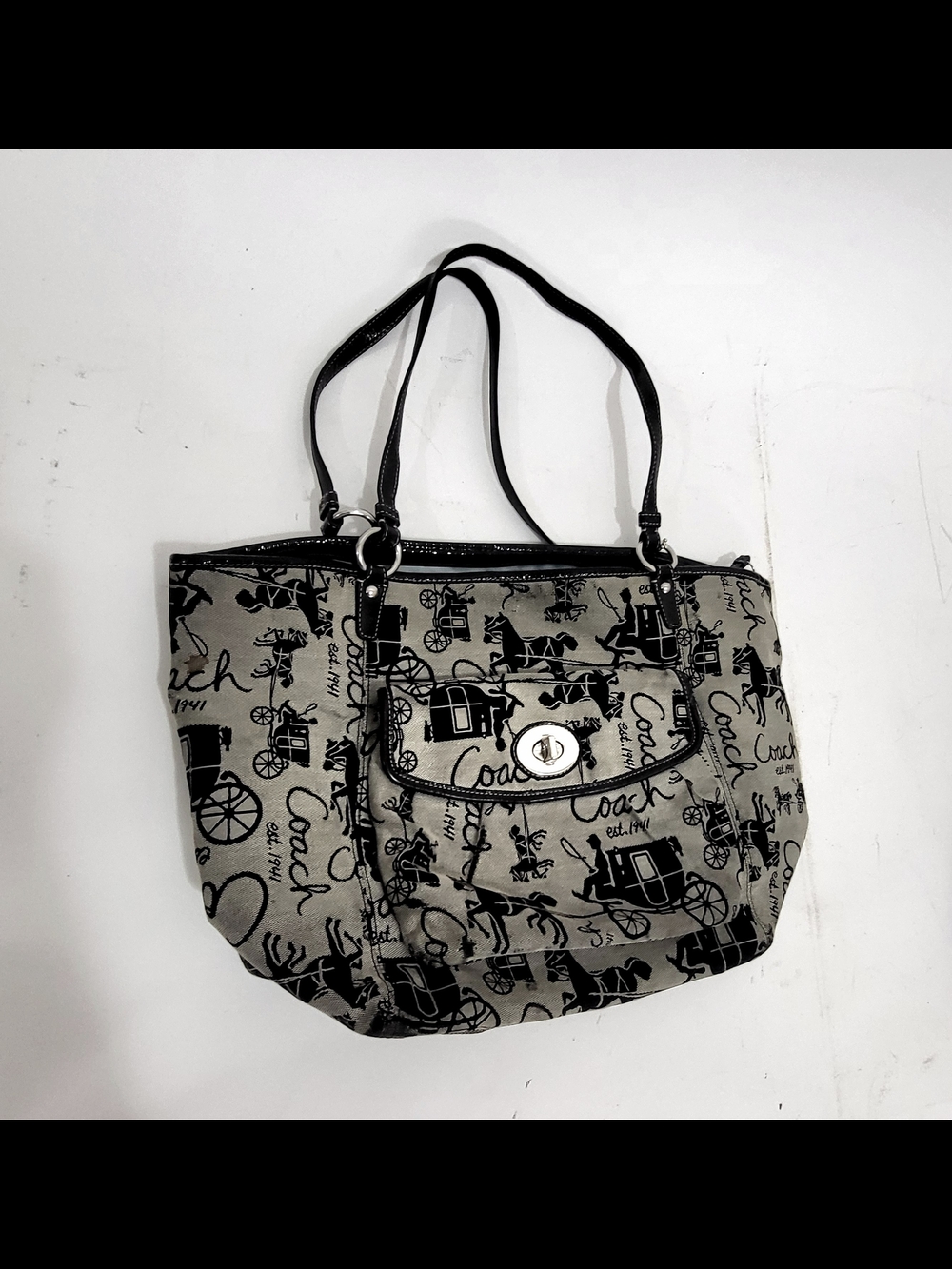 Vintage Coach Leah Horse & Carriage Canvas Shoulder Tote Bag Grey Black